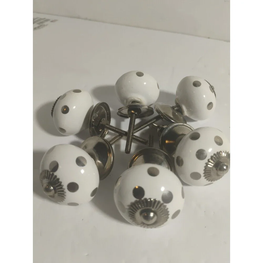 New 6Furniture Knobs, Drawer Pulls, Silver & White Polka Dot Porcelain 2-7/8”